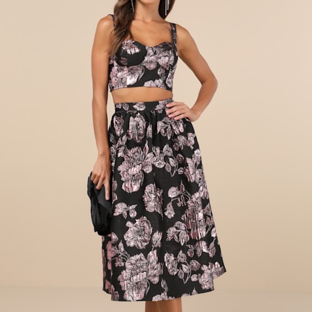 Lulus Flirtatious Cues Black And Metallic Pink Jacquard Midi Skirt - Size XL